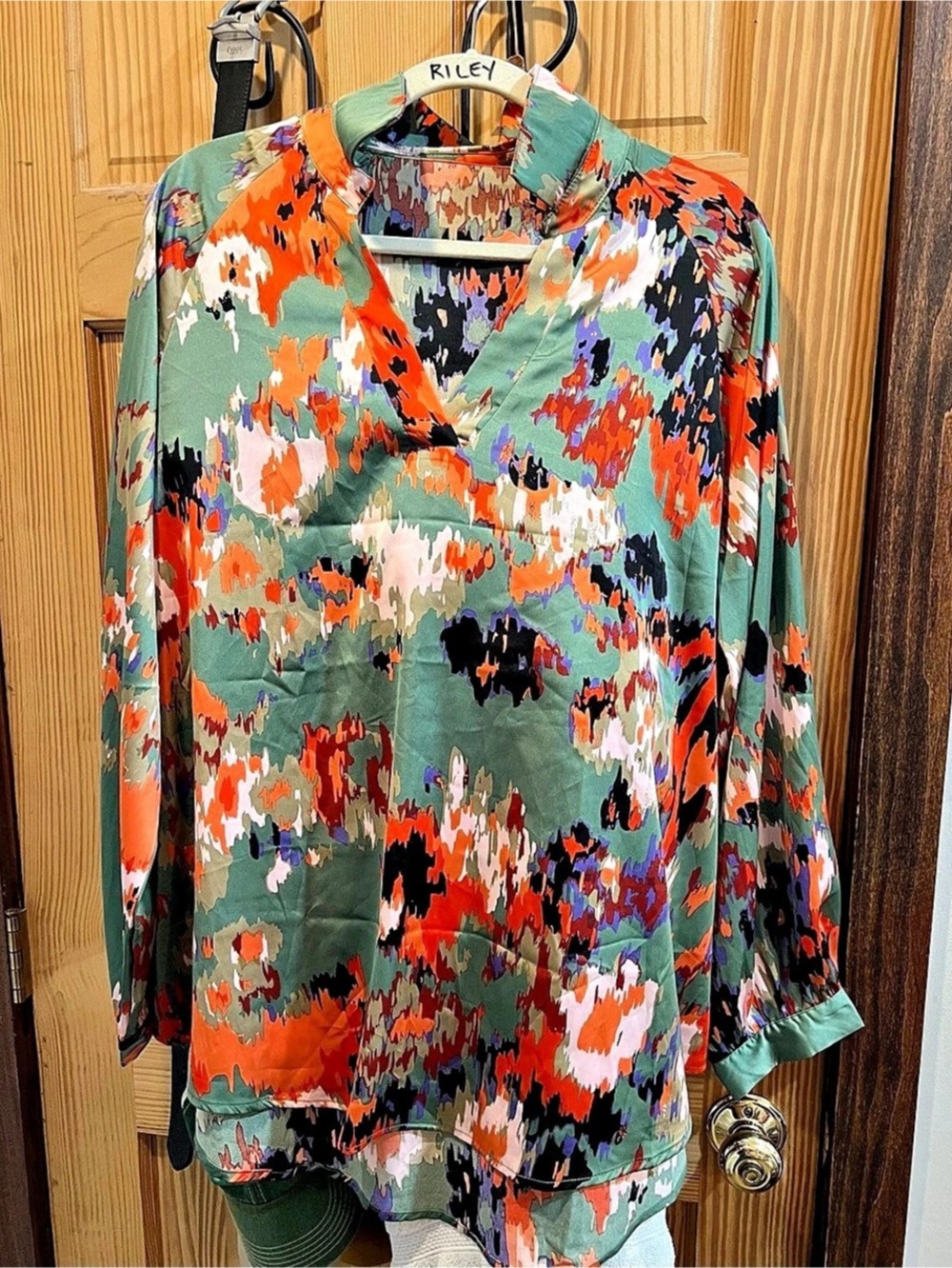 Abstract Print Blouse in Green & Orange Like New